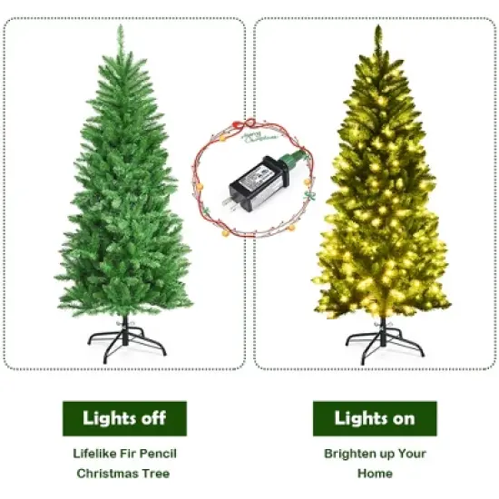 Costway 5/6/7 Ft Pre-lit Artificial Pencil Christmas Tree Hinged Fir PVC Tree with 150/250/350 LED Lights image {9}
