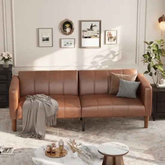Coucheta 75" PU Leather Futon Sofa Bed, Convertible Loveseat, Adjustable Backrest, Side Pockets, Space-Saving Sleeper Sofa for Small Spaces, Brown image {5}