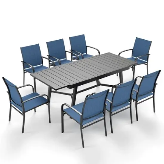 Captiva Designs 9pc Outdoor Patio Slat-top Rectangle Metal Dining Table & Breathable Textilene Chairs image {15}