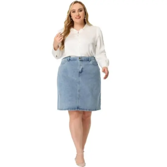 Agnes Orinda Women's Plus Size Denim Classic Slash Pocket Elastic Waist Pencil Back Slit Jeans Skirts image {2}
