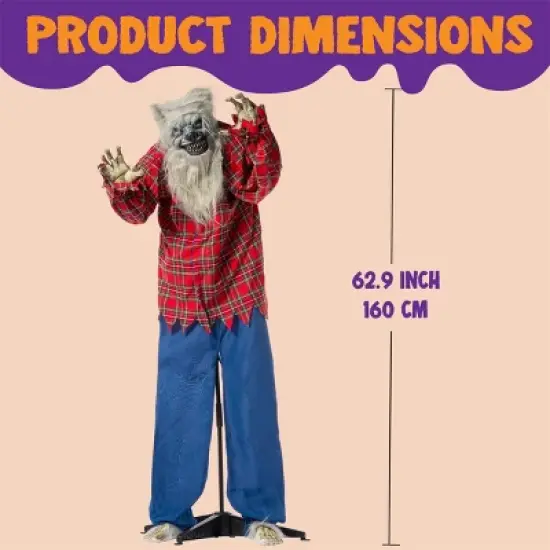 Joyfy 63'' Halloween Standing Werewolf Outdoor Decoration, Life Size Animated Ghost with LED Eyes and Sound Haunted House Props for Lawn Yard Patio image {7}