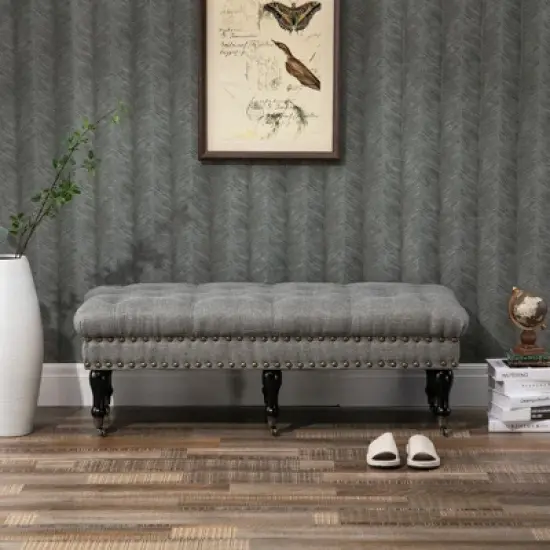HOMCOM Mobile Upholstered Bench Rolling Button-Tufted Fabric Accent Ottoman with Nailhead Trim & Wheels image {4}