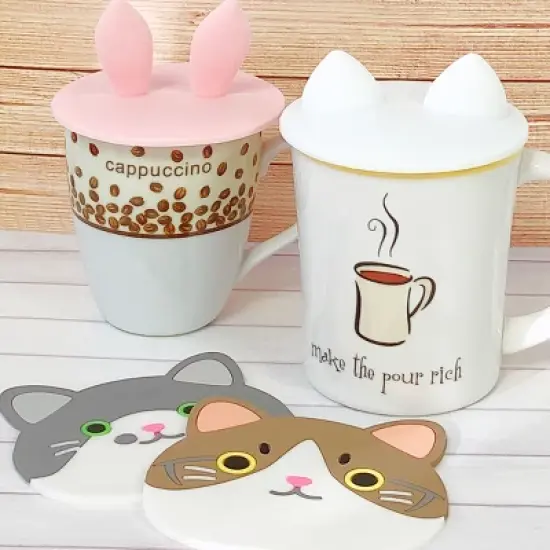 Wrapables Silicone Cup Lids, Anti-Dust Airtight Mug Covers for Hot and Cold Beverages (Set of 6), Animal Ears image {1}