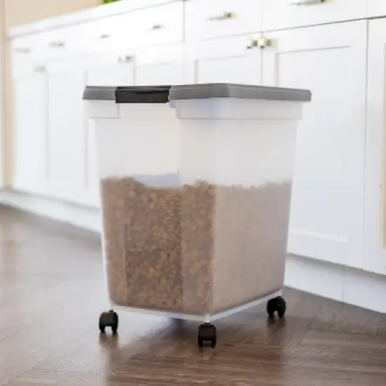 IRIS USA Dog Food Storage Container 50 lbs, with Removable Rolling Wheels & Included Scoop, for Dog Cat Bird and Other Pets, Clear/Dark Gray image {2}