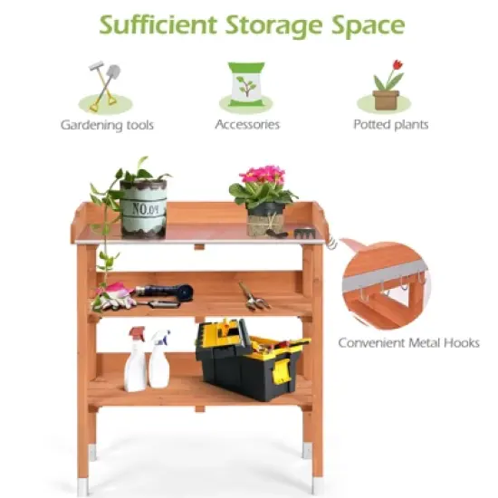 Tangkula Garden Wooden Potting Bench Work Station Table Tool W/5 Hooks Non-Slip Potting Tables Storage Shelf with protective footpads image {6}