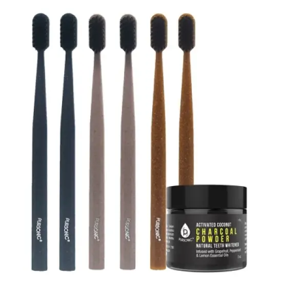 Pursonic Natural Radiance Combo: Activated Coconut Charcoal Powder Natural Teeth Whitener + 100% Eco-friendly Cedarwood Toothbrushes (6 Pack) image {3}
