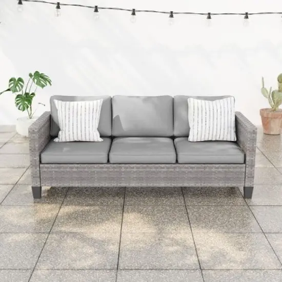 Sonkuki Outdoor Wicker Patio 3-Seat Sofa, PE Rattan Conversation Set With All-Weather Cushions image {10}