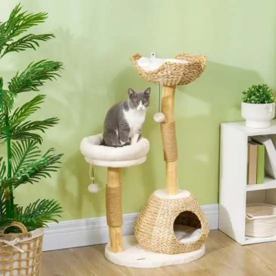 SKYONE 37 Inch Cream White Cat Tree with Solid Wood Scratching Posts, Cattail Bed, Washable image {4}