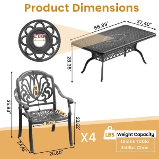 5-Piece Cast Aluminum Outdoor Dining Set with Brown Cushions, Rectangle Table & Stackable Chairs - for Patio, Backyard image {3}