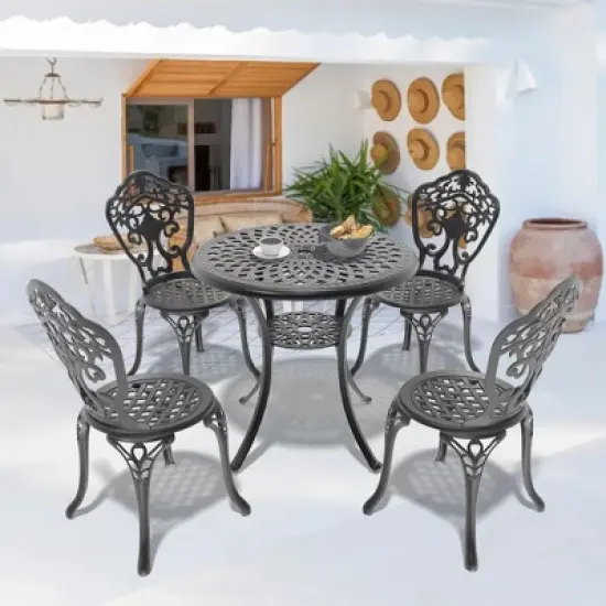 5-Piece Patio Set: Round Table & 4 Chairs - Cast Aluminum, All-Weather/Umbrella Hole & Adjustable Legs for Balcony/Backyard image {1}