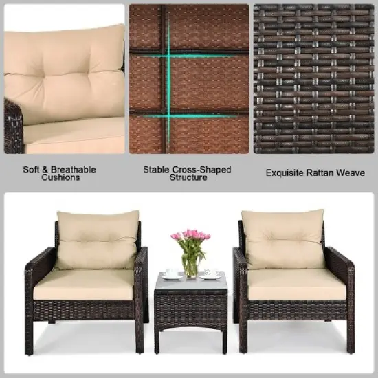 Tangkula 3PCS Outdoor Patio Rattan Wicker Conversation Set W/Cushions image {4}