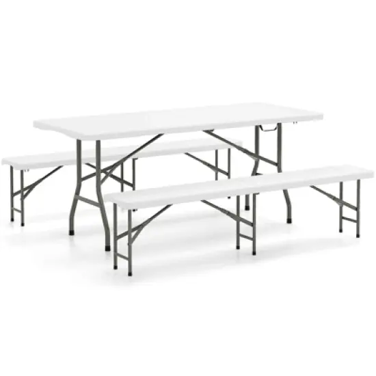 Tangkula 3 PCS Folding Picnic Table Set w/ 6 ft Table & 2 Benches HDPE Tabletop Bench Top Coffee image {8}