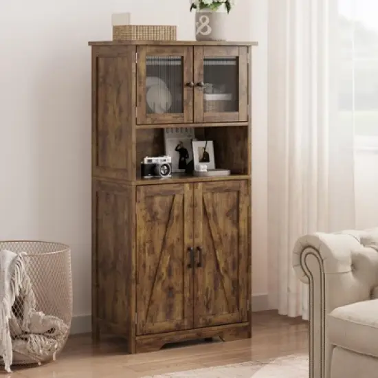 Kitchen Pantry Cabinets with Glass Doors and Adjustable Shelves, 54in Tall Freestanding Wooden Cupboard with Hutch image {4}