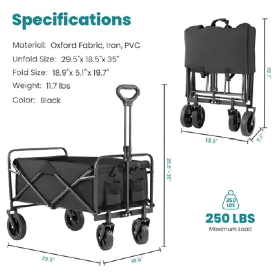 DOMETOUR Collapsible Folding Wagon Cart with Wheels, 250lbs Foldable Utility Heavy Duty Wagons Carts for Grocery Sports Garden Shopping Camping image {2}