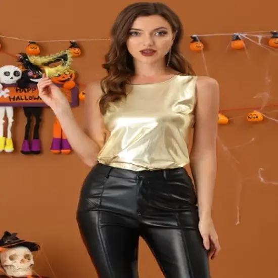 Allegra K Women's U Neck Stretchy Slim Fit Shiny Sparkly Metallic Tank Top image {1}