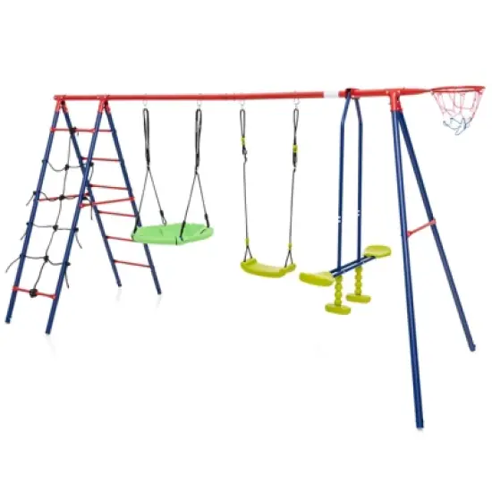 Costway Swing Set for Backyard with 2 Height Adjustable Swings Glider Basketball Hoop image {11}