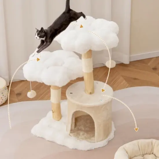 Costway 32 inch Cute Wood Cat Tree w/ Scratching Posts Pet Condo Furniture Activity Center image {4}