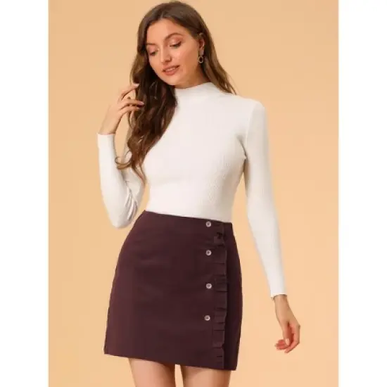 Allegra K Women's Corduroy Vintage Button Decor Ruffled Trim High Waist Mini Skirt image {3}
