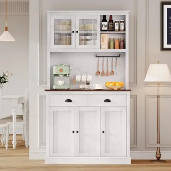 71" Kitchen Pantry Cabinet, Tall Storage Cabinet with Doors and Shelves & Drawer, Farmhouse Kitchen Hutch with Microwave Stand image {7}