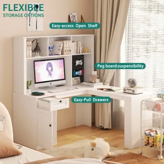 LOVMOR L-Shaped Study Table Writing Desk with outlet, Drawers, Bookshelf&Hutch, Modern Corner Home Office Desk, Corner Gaming Computer Desk w/ Storage image {4}