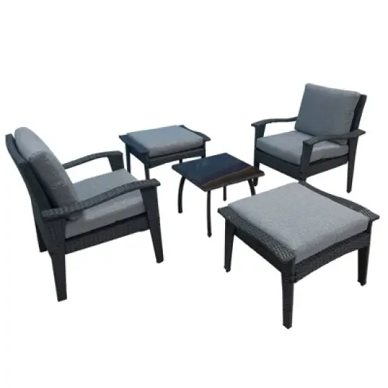 5pc Outdoor Wicker Conversation Set with Arm Chairs, Accent Table & Ottomans - Gray - GODEER image {3}