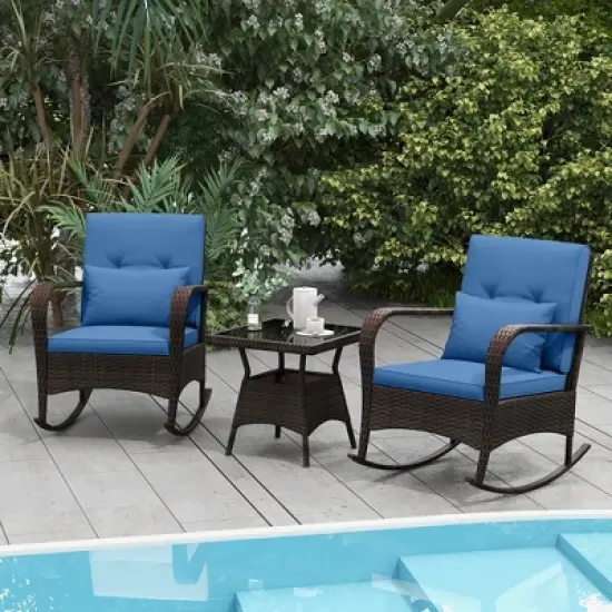 Tangkula 3 Piece Outdoor Rocking Set Rattan Rocker Chairs w/ Tempered Glass Coffee Table image {2}