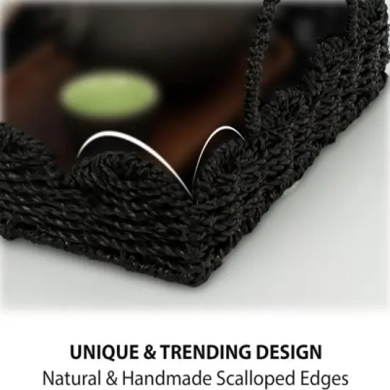 BRINJOY 14" Woven Seagrass Tray with Scalloped Edge - Bohemian Decorative Tray with Handles for Coffee Table Ottoman Festive Decor, Black image {2}