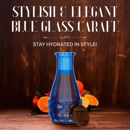 Elle Decor Color Glass Carafe with Wood Lid, Leak-Proof Glass Pitcher for Water, Juice, Mimosa Bar, Iced Tea,1 Liter, Dishwasher Safe, Blue image {1}