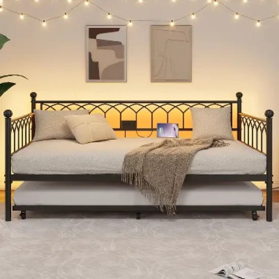 Twin Size Daybed with Pop-Up Trundle & LED Lights, Pull Out Bed with Charging Station and Pull Out Turundle, Metal Sofa Bed Frame for Living Room image {10}