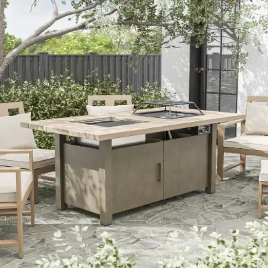 Greemotion 71" Bordeaux Wood Textured Metal Top Dining Fire Pit Table with Ice Chest Insert Brown: Contemporary Outdoor Furniture, Aluminum Frame image {1}