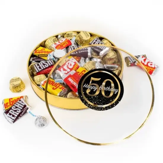50th Birthday Candy Gift Tin - Plastic Tin with Hershey's Kisses, Hershey's Miniatures & Reese's Peanut Butter Cups - By Just Candy image {2}