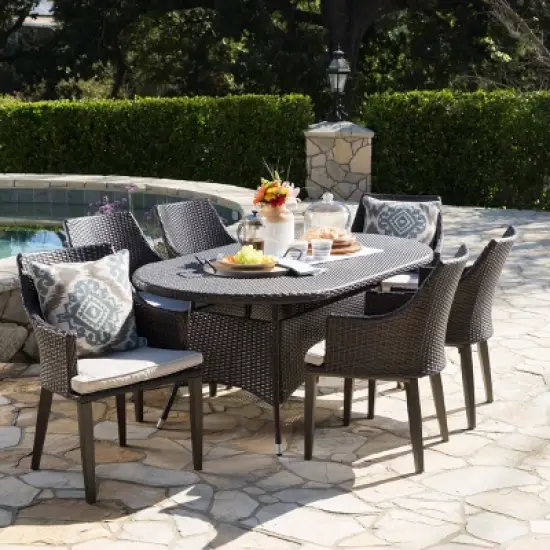 Christopher Knight Home Vickers Outdoor Wicker and Iron 7 Piece Dining Set with Cushion image {1}