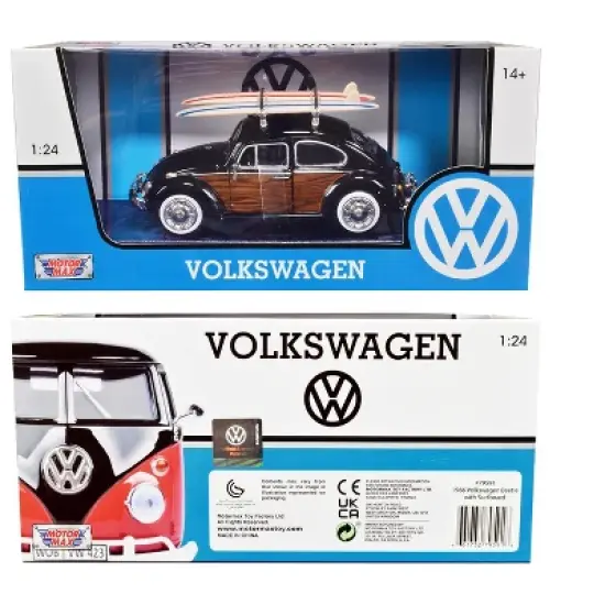 1966 Volkswagen Beetle Black with Wood Panels and Two Surfboards on Roof Rack 1/24 Diecast Model Car by Motormax image {2}