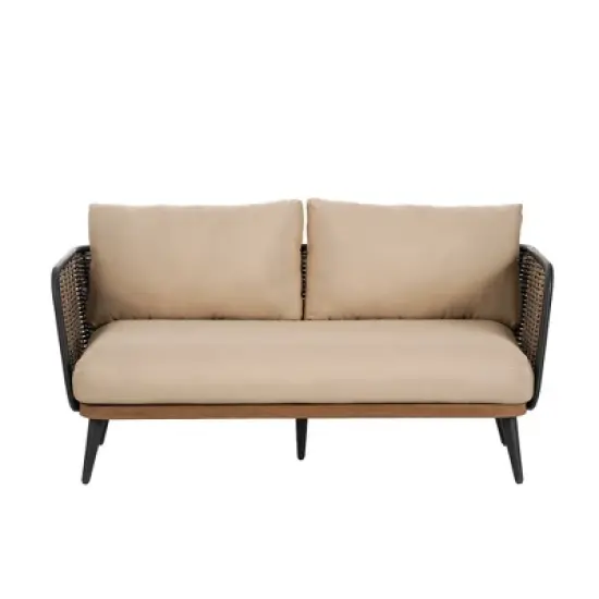 Christopher Knight Home Bobby 58" Patio Rustic Iron and Rattan Loveseat with Cushions image {1}