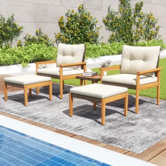 Costway 5 PCS Rattan Furniture Set Wood Frame Chairs & Ottomans with Square Coffee Table image {3}