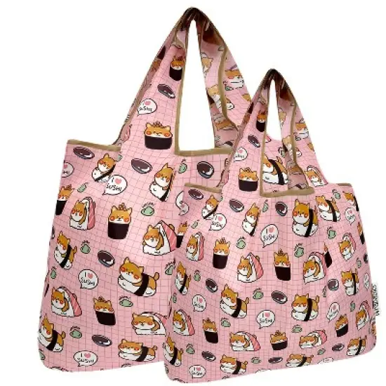 Wrapables Large & Small Foldable Nylon Reusable Shopping Bags (Set of 2), Sushi Puppies image {5}