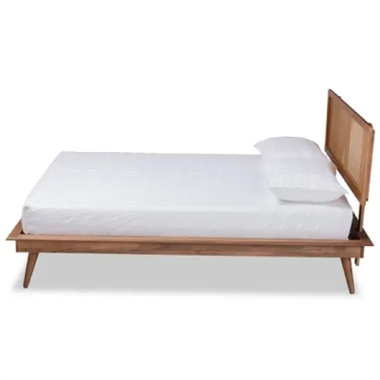 Full Nura Wood and Synthetic Rattan Platform Bed Walnut Brown - Baxton Studio image {1}