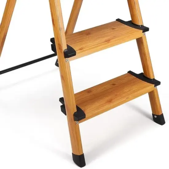 Delxo Portable Collapsible Lightweight Aluminum 3-Step Stool Stepladder with Long Handrails and Safety Latch Mechanism, Woodgrain Finish image {4}