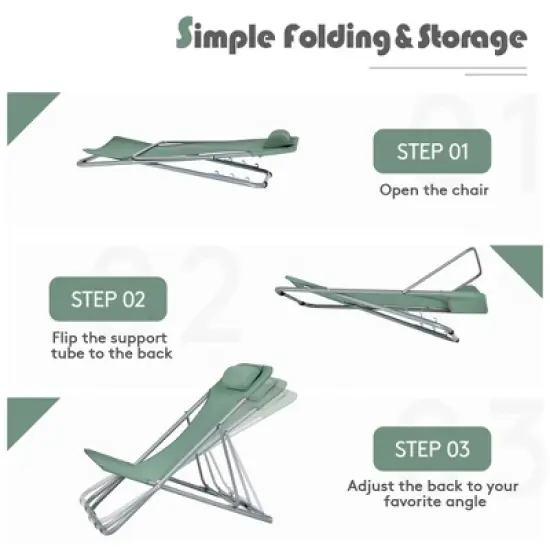 Costway Set of 2 Beach Chair Portable 3-Position Lounge Chair w/ Headrest Blue\Green\Orange image {6}