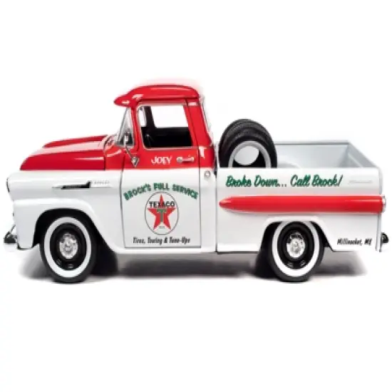 1958 Chevrolet Apache Fleetside Truck White and Red "Brock's Full Service - Texaco" w/Tires 1/24 Diecast Model Car by Auto World image {2}