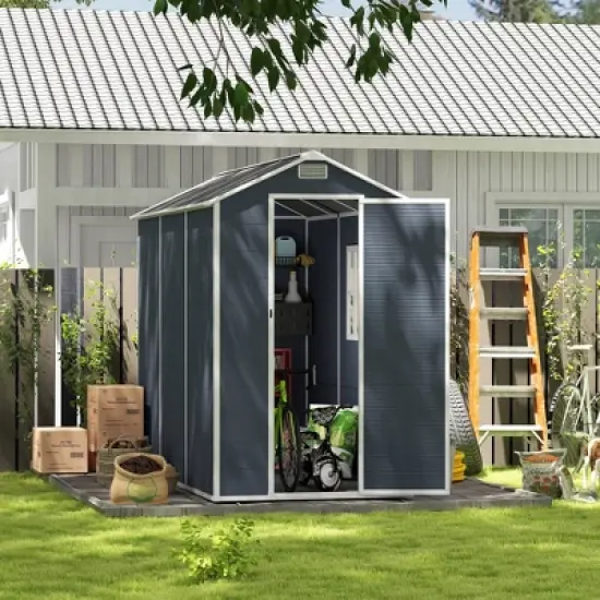 4*8ft resin storage shed, high quality pp material, strong structure, waterproof, rust and UV proof, large storage space,HD window lighting Dark gray image {6}