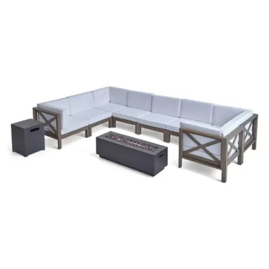 Thasos 10pc Acacia U-Shaped Farmhouse Sectional Sofa Set with Fire Pit - Gray/White/Dark Gray - Christopher Knight Home image {1}