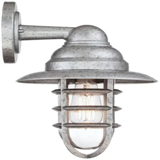 John Timberland Marlowe 13 1/4" High Farmhouse Rustic Hooded Cage Outdoor Wall Light Fixture Mount Porch House Set of 2 Galvanized Clear Glass Shade image {6}