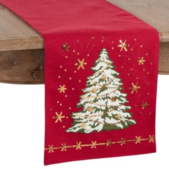 Saro Lifestyle Christmas Tree Design Holiday Table Runner, 13"x72", Red image {3}