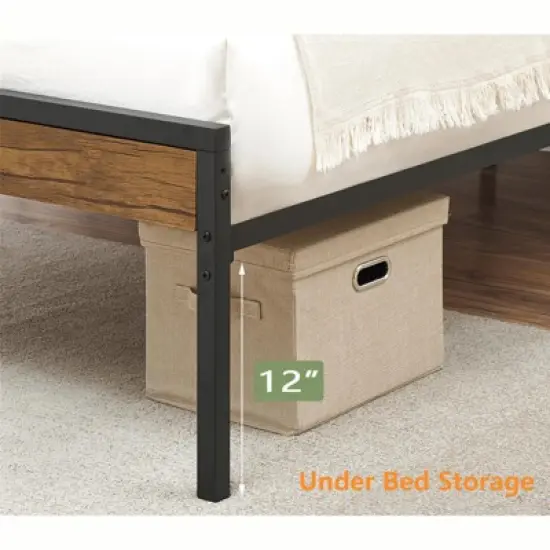 WhizMax Bed Frame with Headboard Footboard, Rustic Brown Wood Farmhouse Metal Platform Bedframe with Wooden Slat image {4}