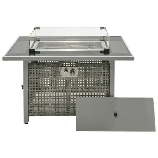 43" Propane Gas Fire Pit Table, 60000 BTU Rectangular Open Weave Wicker Fire Pit with Glass Wind Guard for Outside Patio Deck Garden Backyard - Grey image {9}