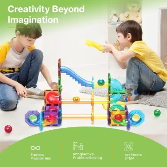 PICASSO-TILES Marble Run Magnetic Tiles for Kids, Construction Magnet Tiles Race Track Building Blocks STEM Toy, 61 PCS image {4}