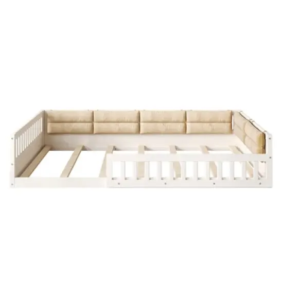 Full Size Upholstered Platform Bed Frame, Toddler Beds with Guardrail and Pillow 4W, Beige/Gray -ModernLuxe image {3}