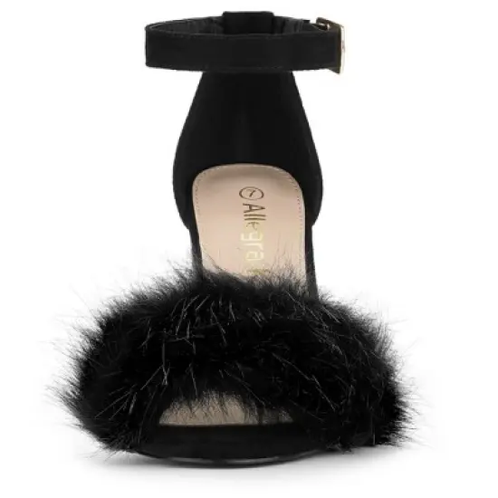 Allegra K Women's Faux Fur Ankle Strap Block Heels Sandals image {2}