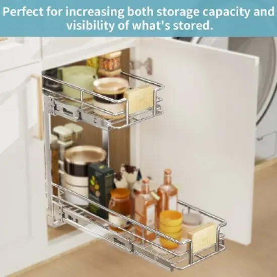 LOVMOR 2 Tier Pull Out Cabinet Organizer 10&frac12;" W x 21&frac12;" D, Slide Out Drawers with Wooden Handle, Sliding Shelves Organization image {1}